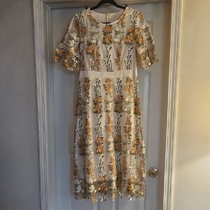 Floral Embroidered Midi Dress - Cream and Gold